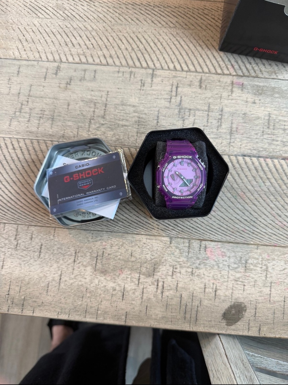 G Shock Watch with translucent purple band and face